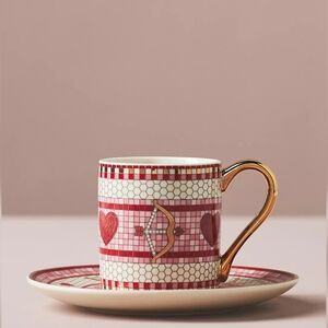 Anthropologie Bistro Tile Stoneware Espresso Cup & Saucer Valentine's Edition
